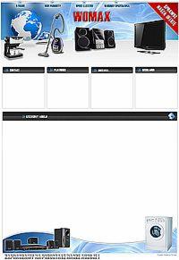 Szablon strony internetowej prezentujący sprzęt AGD i RTV marki Womax, z globusem, odkurzaczem, głośnikami, telewizorem i pralką, z elementami interfejsu użytkownika i miejscem na treść.