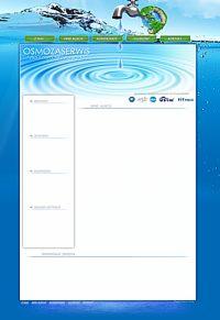 Szablon strony internetowej o tematyce związanej z wodą i osmozą, z kranem z globusem na górze i błękitnym tłem imitującym wodę, z widocznym miejscem na treść i menu po lewej stronie.