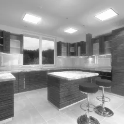 Wizualizacja kuchni w odcieniach szarości z wyspą i dwoma hokerami na tle okna z widokiem na las.