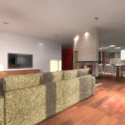 Wizualizacja przestronnego salonu z kominkiem, dużą sofą z tkaniny w odcieniach beżu i brązu oraz telewizorem na ścianie. W tle widoczna jadalnia z białymi krzesłami i kuchnia z drewnianymi szafkami.