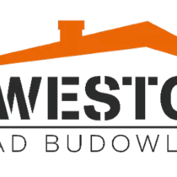 Logo firmy INVESTOR z napisem SKŁAD BUDOWLANY pod spodem, nad napisem grafika przedstawiająca pomarańczowy dach z kominem.