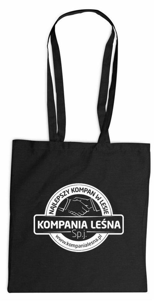 Czarna torba bawełniana z białym nadrukiem logo firmy 'Kompania Leśna Sp.j.' i adresem strony internetowej.