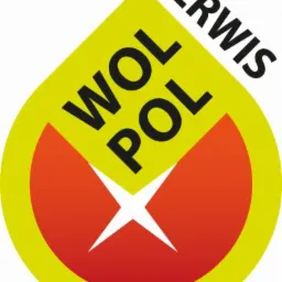 Żółto-pomarańczowe logo 'WOL POL SERWIS' z białym znakiem X w dolnej części. Napis 'SERWIS' ułożony ukośnie w górnej części logo.