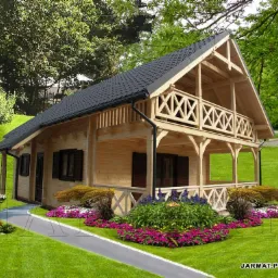 Dwukondygnacyjny dom z bali z balkonem, czarnym dachem i zagospodarowanym ogrodem z kolorowymi kwiatami.