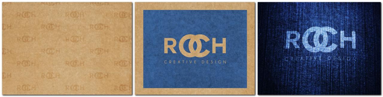 Kolaż trzech grafik z logotypem 'ROCH Creative Design' na różnych tłach: papierze z powtarzającym się wzorem logo, niebieskim tle z ramką i ciemnoniebieskim tle przypominającym dżins.