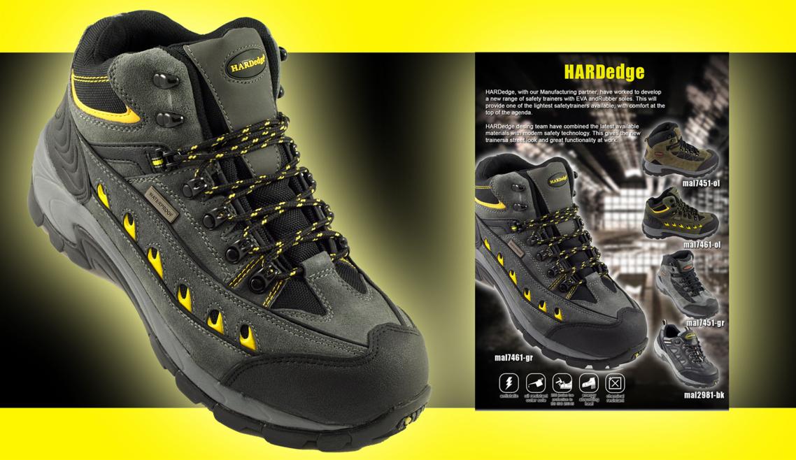 Szaro-czarny but roboczy Hardedge z żółtymi akcentami, wodoodporny, prezentowany na tle z żółtą poświatą, obok w tle ulotka z innymi modelami.