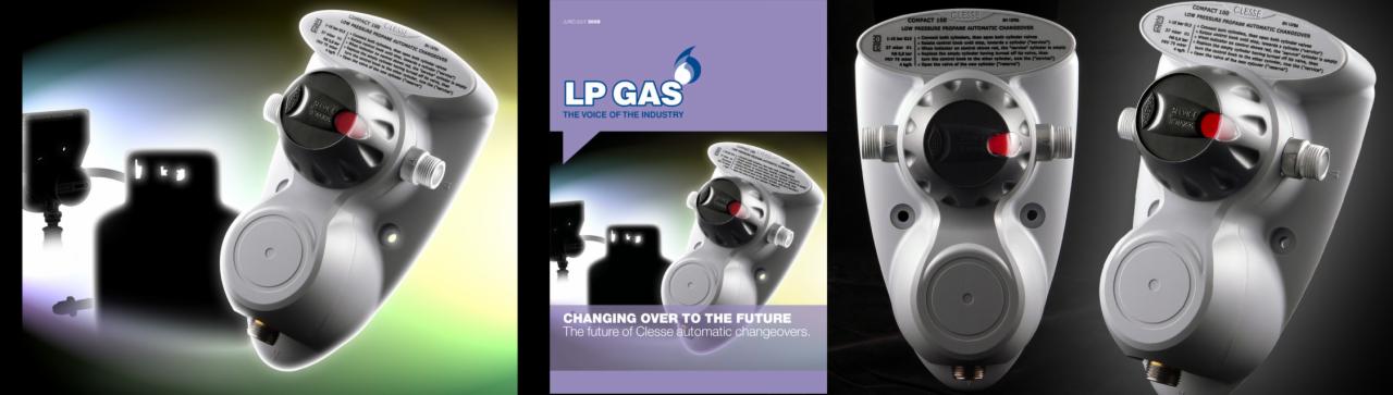 Studyjne ujęcie automatycznego przełącznika butli gazowych Clesse Compact 100, prezentowane z różnych perspektyw, w tym zbliżenie na etykietę z instrukcją obsługi i schematem podłączenia.