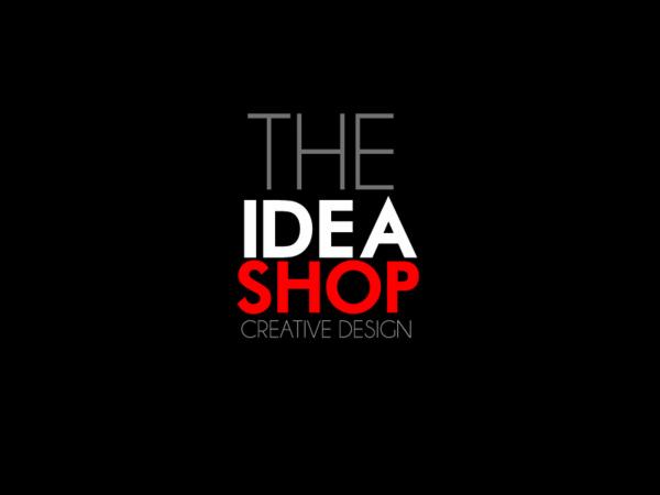 Grafika logo 'The Idea Shop Creative Design' na czarnym tle, z elementami w kolorze szarym i czerwonym.