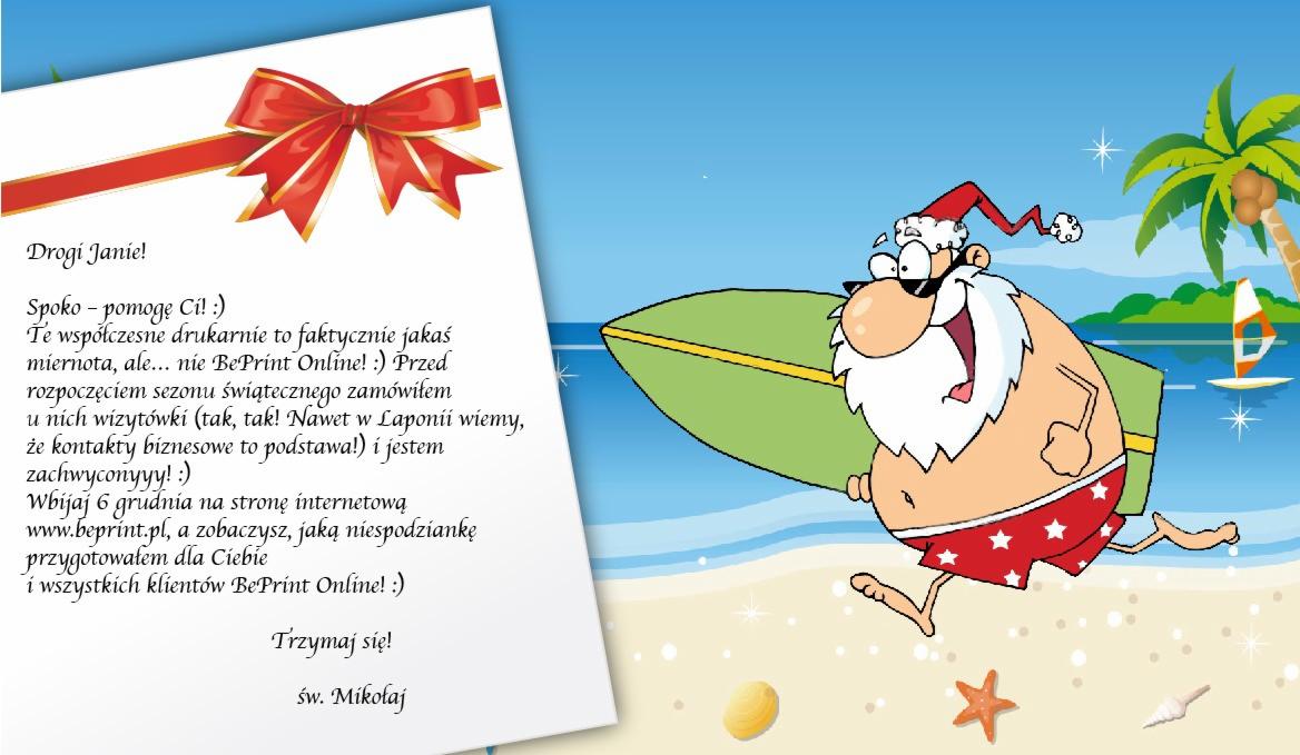 Kartka z życzeniami od Św. Mikołaja w tropikalnej scenerii, zachęcająca do zamówienia wizytówek w drukarni online.