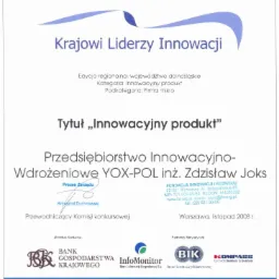 Dyplom konkursu 'Krajowi Liderzy Innowacji' z 2008 roku, przyznany dla Przedsiębiorstwa Innowacyjno-Wdrożeniowego YOX-POL inż. Zdzisława Joksa.