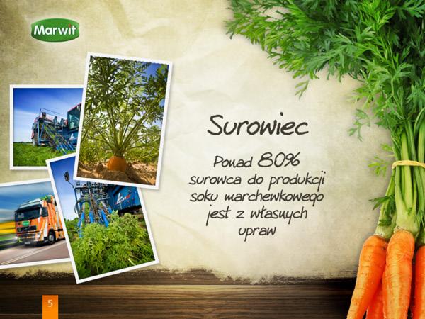 Slajd prezentacji PowerPoint z kolażem zdjęć zbioru marchwi i tekstem informującym, że ponad 80% surowca do produkcji soku marchewkowego pochodzi z własnych upraw, obok leży pęczek świeżych marchwi.