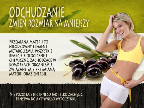 Kobieta z uśmiechem mierzy obwód talii żółtą miarką na tle grafiki z oliwkami i tekstem o odchudzaniu.