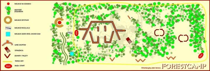 Mapa terenu Forestcamp z zaznaczonymi miejscami na ognisko, gęstością zalesienia, miejscami spotkań, regulacji, bunkrami, liniami okopów, strażnicami, bazą i terenem gry.