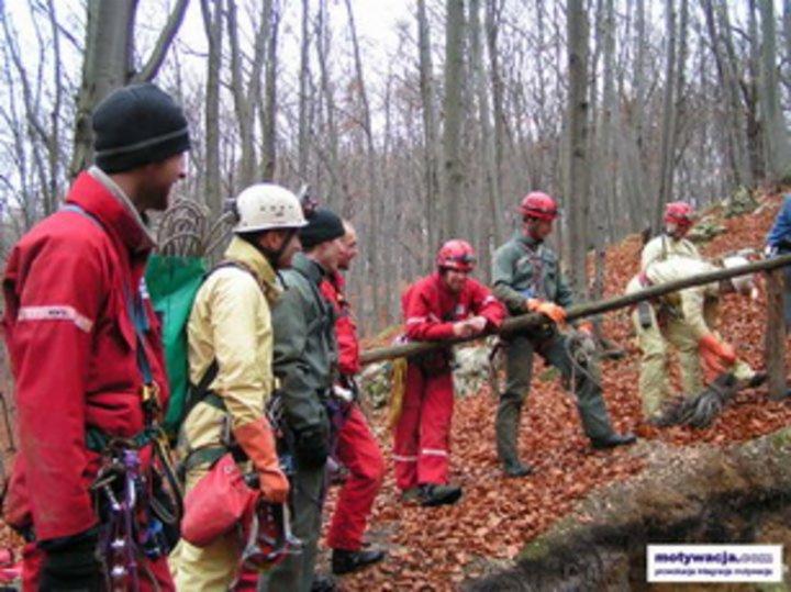Grupa osób w kombinezonach i kaskach, przygotowująca się do eksploracji jaskini z pionowym zjazdem w lesie liściastym, z widocznymi linami i sprzętem alpinistycznym.