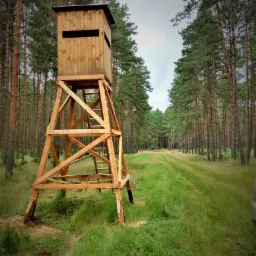 Drewniana konstrukcja ambony myśliwskiej z drabinką, umieszczona na skraju lasu iglastego, widoczna trawiasta droga leśna.