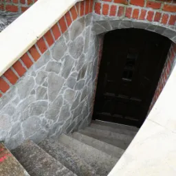 Zewnętrzne schody prowadzące do ciemnych drzwi wejściowych, otoczone murem z kamienia i cegły z elementami piaskowania, oświetlone lampą zewnętrzną.