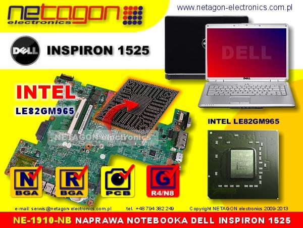Płyta główna laptopa Dell Inspiron 1525 z układem Intel LE82GM965, obok otwarty laptop Dell i zamknięty laptop Dell, widoczne logo firmy Netagon Electronics.