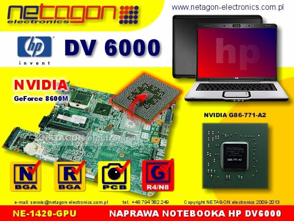 Schemat płyty głównej laptopa HP DV6000 z układem graficznym Nvidia GeForce 8600M, obok widoczny laptop HP z czerwonym ekranem, prezentacja naprawy.