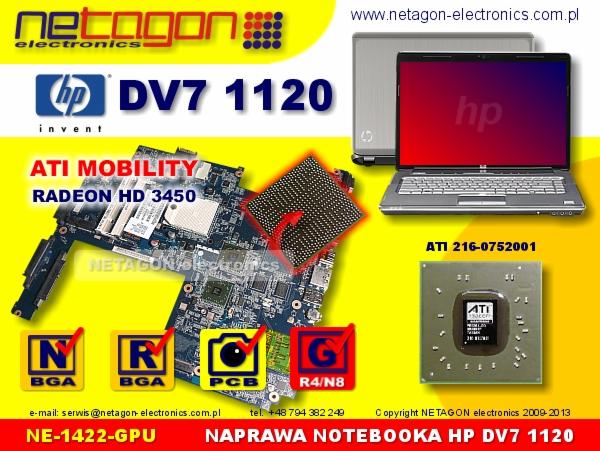 Uszkodzona płyta główna laptopa HP DV7 1120 z układem graficznym ATI Mobility Radeon HD 3450 i chipem ATI 216-0752001 na żółtym tle, obok otwarty laptop HP.