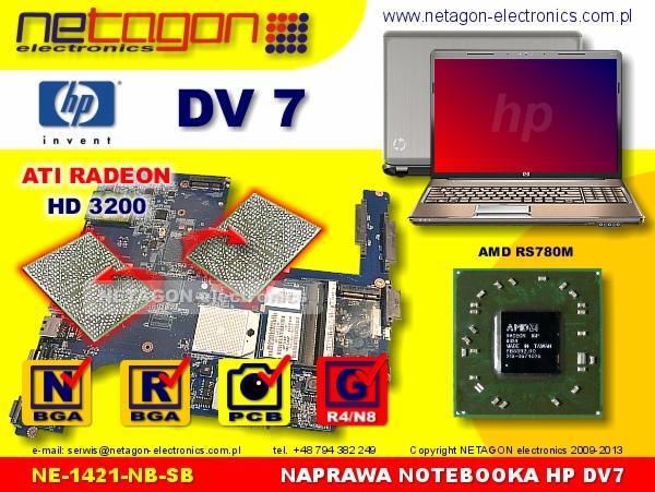 Płyta główna laptopa HP DV7 z układem graficznym ATI Radeon HD 3200 i procesorem AMD RS780M, obok widoczny otwarty laptop HP z czerwonym ekranem, całość na żółtym tle z logotypami firmy serwisowej.
