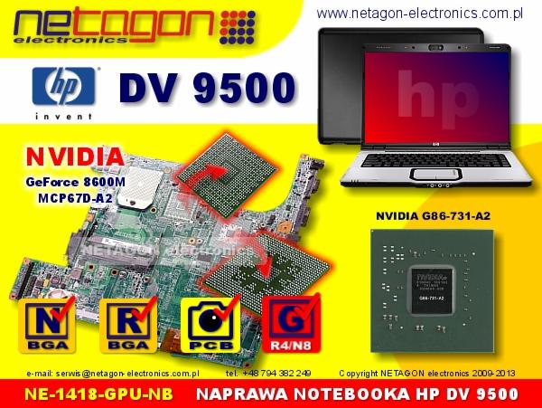 Schemat płyty głównej laptopa HP DV9500 z układami Nvidia GeForce 8600M i G86-731-A2, prezentowany obok otwartego laptopa HP z czerwonym ekranem i logo HP.