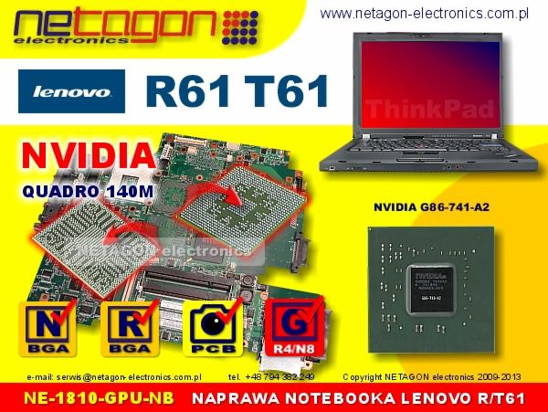 Płyta główna laptopa Lenovo R61/T61 z układem graficznym NVIDIA Quadro 140M, obok widoczny laptop ThinkPad oraz układ NVIDIA G86-741-A2. Grafika reklamowa serwisu naprawy laptopów.