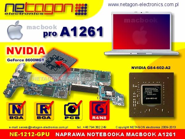 Grafika reklamowa serwisu Macbook Pro A1261 z uszkodzoną płytą główną i układem graficznym Nvidia GeForce 8600MGT, prezentowana na żółtym tle z logo firmy i adresem strony internetowej.