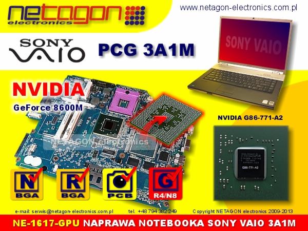 Płyta główna laptopa Sony VAIO PCG 3A1M z widocznym układem graficznym NVIDIA GeForce 8600M oraz procesorem, obok otwarty laptop Sony VAIO z czerwonym ekranem, na żółtym tle.