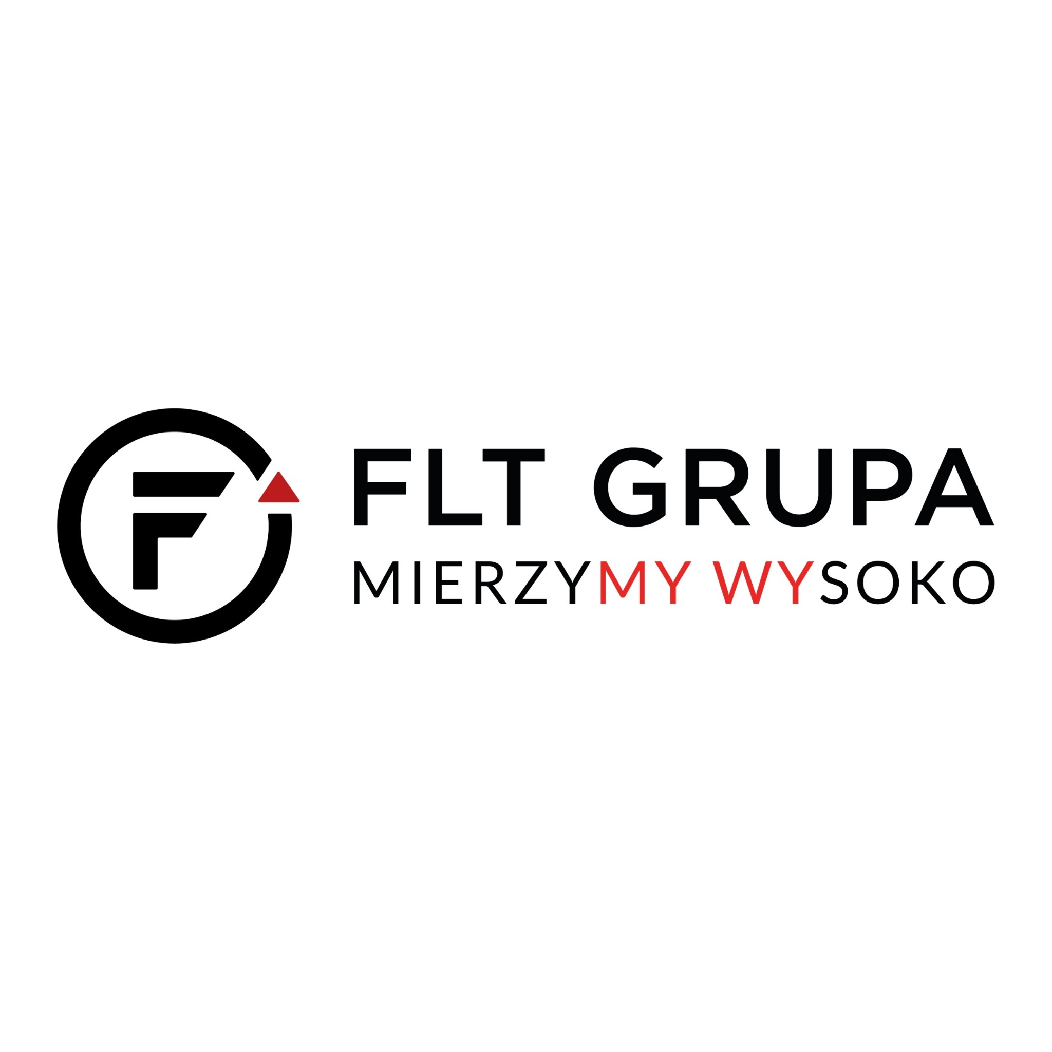 Logo firmy FLT Grupa z symbolem wózka widłowego i hasłem 'Mierzymy wysoko' na białym tle. Minimalistyczny design.