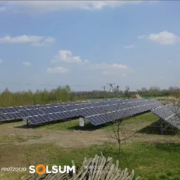 Rozległa instalacja paneli słonecznych na trawiastym terenie, widoczne drzewa i błękitne niebo z chmurami, w tle słupy energetyczne, na pierwszym planie stosy drewna.