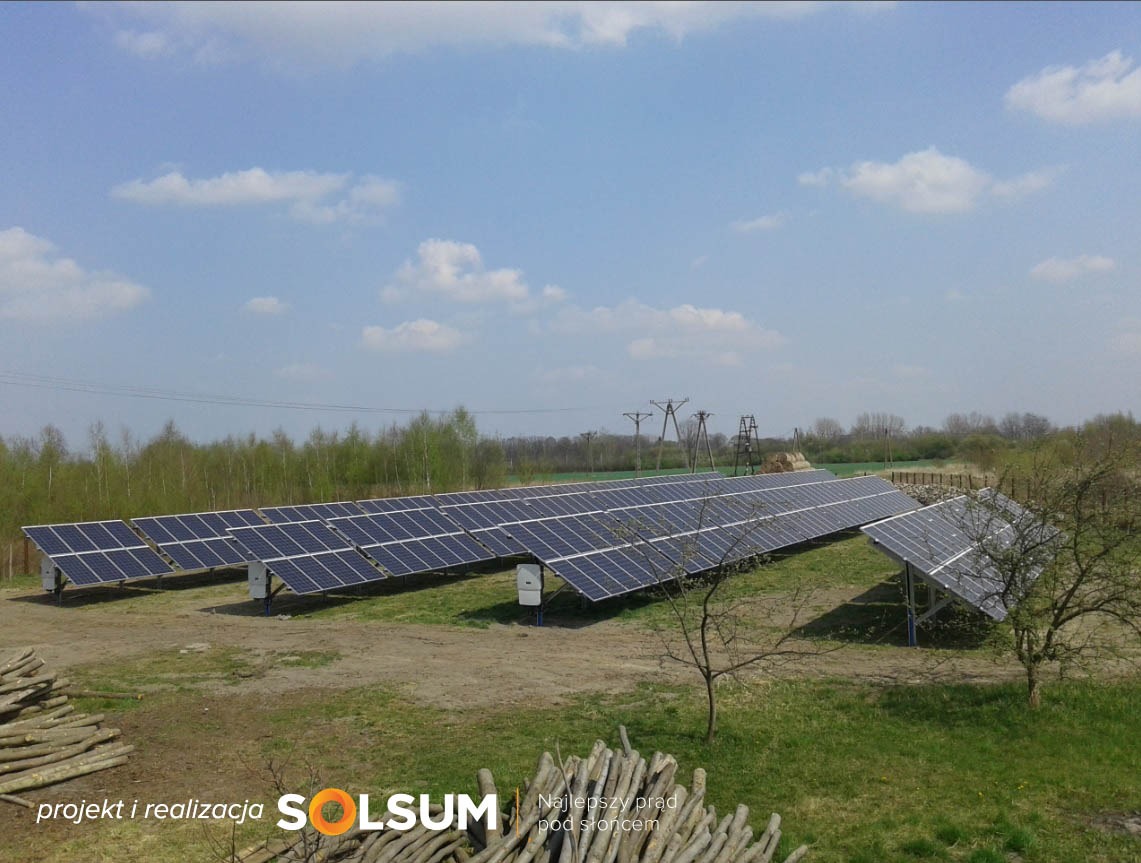 Rozległa instalacja paneli słonecznych na trawiastym terenie, widoczne drzewa i błękitne niebo z chmurami, w tle słupy energetyczne, na pierwszym planie stosy drewna.