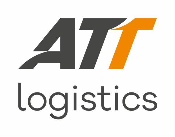 Logo firmy ATT Logistics: szary napis 'logistics' pod szaro-pomarańczowym symbolem graficznym.