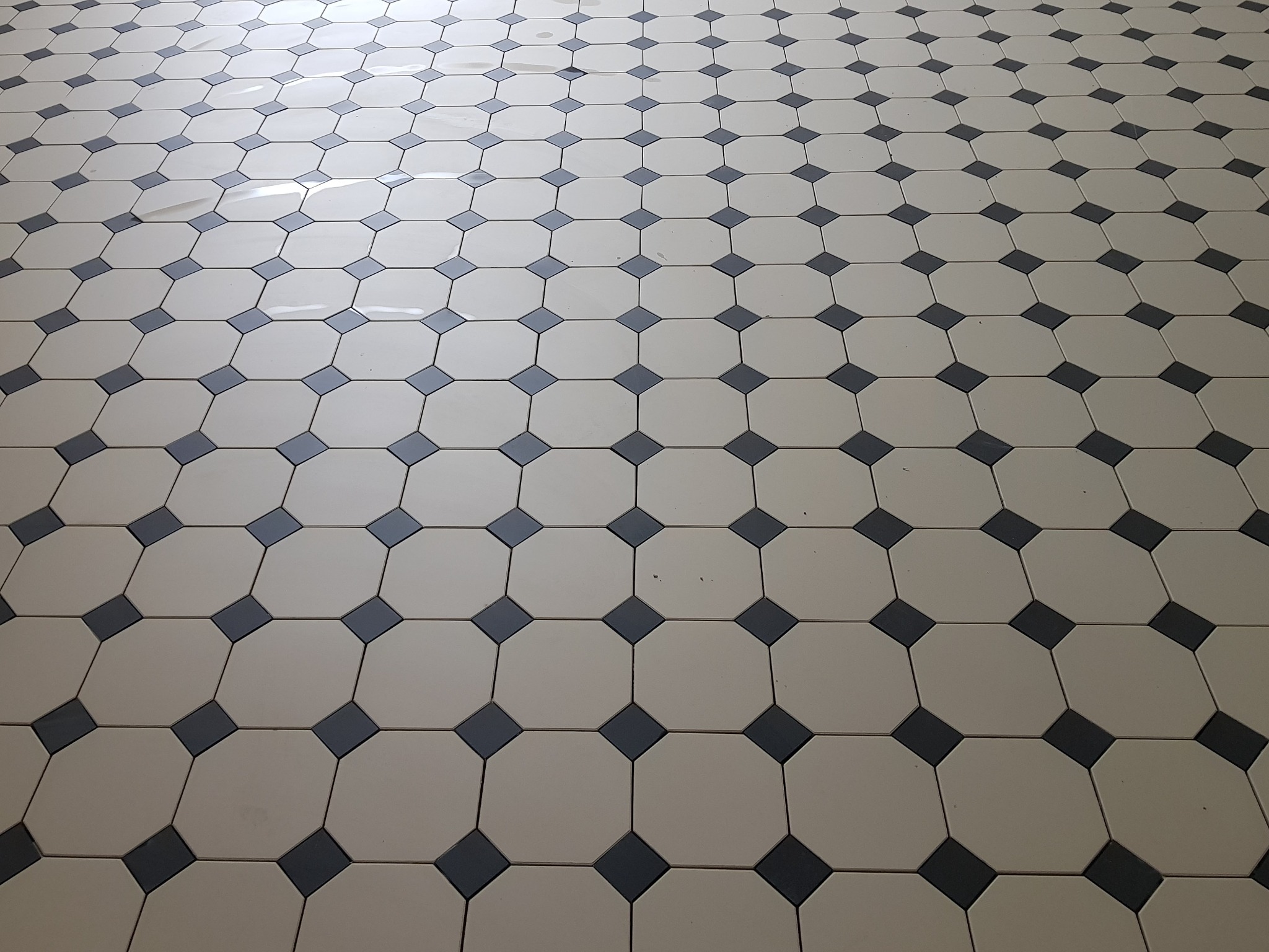 Podłoga wyłożona jasnymi, ośmiokątnymi płytkami z ciemnymi, kwadratowymi wstawkami, układana w regularny wzór.