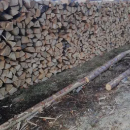 Ściana ułożonego, porąbanego drewna na tle zalesionych wzgórz i błękitnego nieba. Na pierwszym planie leżą dwie surowe kłody i wióry.