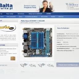 Płyta główna Asus AT3IONT-I DELUXE z chłodzeniem i specyfikacją techniczną na stronie sklepu internetowego Balta.pl. Widoczny opis produktu i dane techniczne.