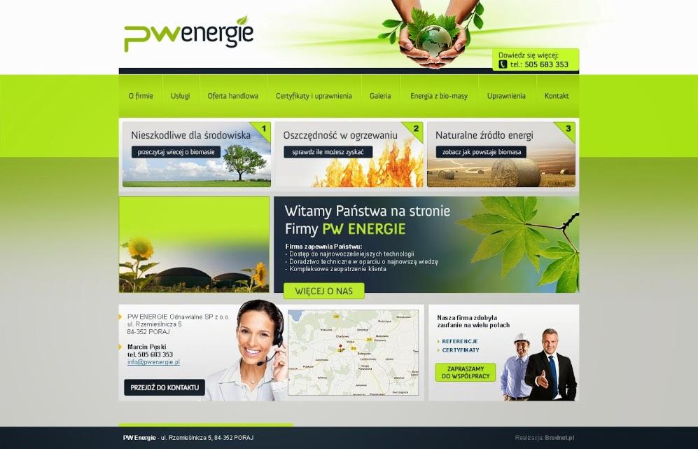 Zrzut ekranu strony internetowej firmy PW Energie, prezentujący ofertę z zakresu energii odnawialnej, z zieloną kolorystyką i elementami graficznymi związanymi z naturą.