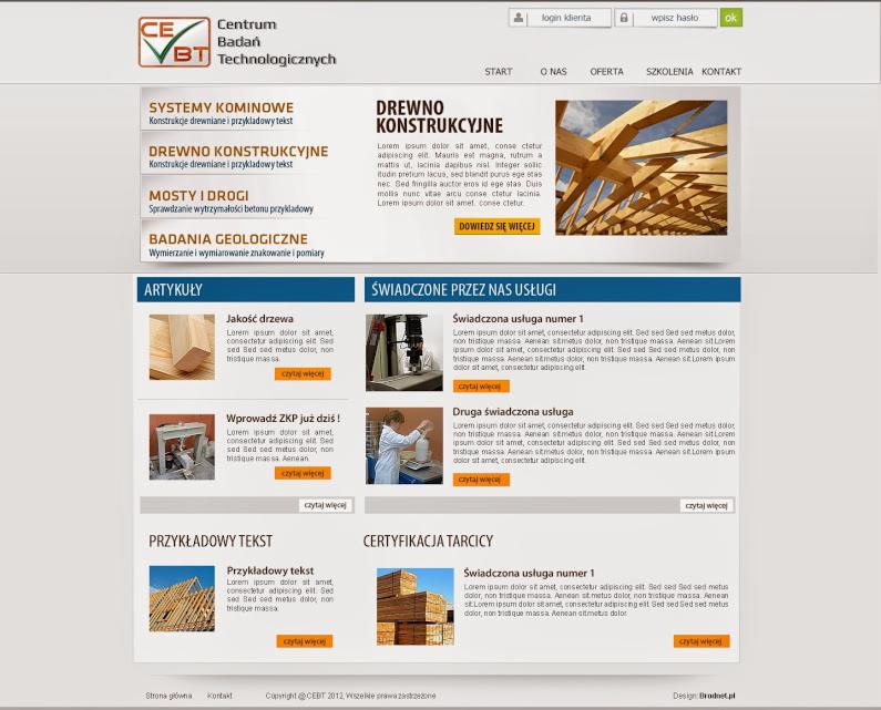 Strona internetowa firmy CEBT z ofertą badań i konstrukcji drewnianych. Widoczne artykuły, świadczone usługi i certyfikacja tarcicy. Układ strony responsywny.