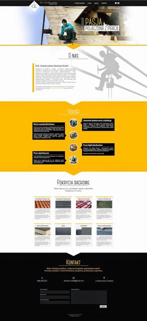 Zrzut ekranu strony internetowej firmy budowlanej z motywem dachu, prezentującej usługi i dane kontaktowe, utrzymanej w żółto-czarnej kolorystyce.