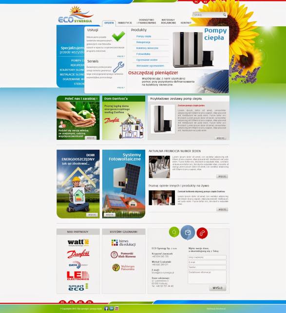 Strona internetowa firmy Eco Synergia prezentująca pompy ciepła, kolektory słoneczne i systemy fotowoltaiczne z elementami graficznymi i kwiatem słonecznika.