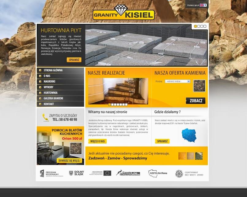 Zrzut ekranu strony internetowej firmy Granity Kisiel prezentujący ofertę hurtową płyt granitowych, realizacje schodów i blaty kuchenne w promocyjnej cenie.