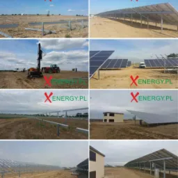 Etapy budowy farmy fotowoltaicznej: przygotowanie terenu, montaż konstrukcji wsporczych i paneli słonecznych. Widoczne maszyny budowlane i budynek stacji transformatorowej.