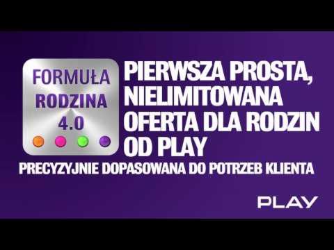 Grafika reklamowa Play prezentująca ofertę 'Formuła Rodzina 4.0' na fioletowym tle, z hasłem 'Pierwsza prosta, nielimitowana oferta dla rodzin od Play. Precyzyjnie dopasowana do potrzeb klienta.'