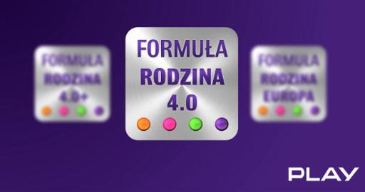 Grafika promocyjna oferty 'Formuła Rodzina' operatora Play, prezentująca trzy warianty pakietu z kolorowymi kropkami, na fioletowym tle.