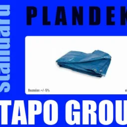 Zdjęcie produktu: Niebieska plandeka ochronna złożona na białym tle, z widocznym napisem 'Rozmiar: +/- 5%' i 'ok. 60g/m2' oraz logo 'STAPO GROUP' na niebieskim tle.