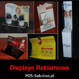 Zestaw ekspozycyjnych displayów reklamowych różnych marek kosmetycznych i Biedronki, prezentujący produkty na ladach sklepowych, każdy z indywidualnym projektem graficznym i materiałami.