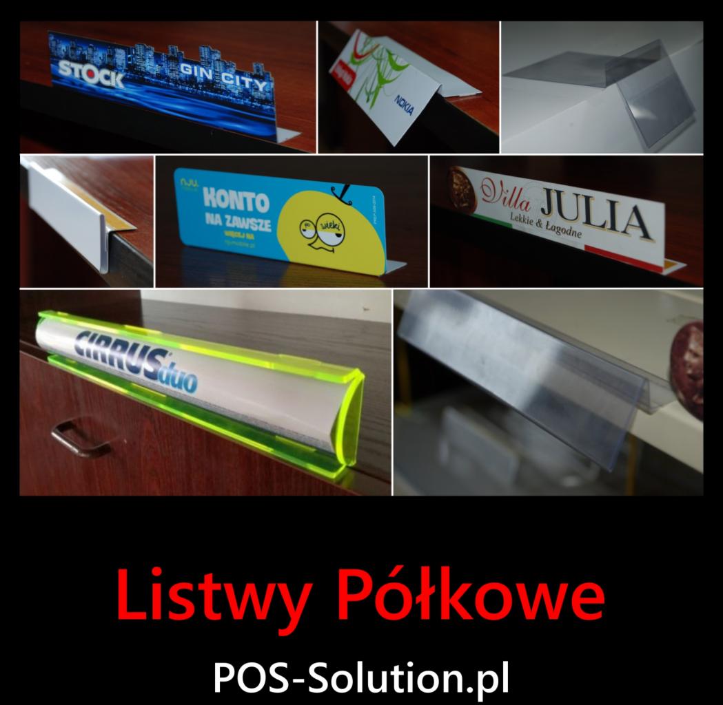 Różnorodne listwy półkowe prezentujące marki takie jak Stock, Nokia, Villa Julia, Konto, oraz Cirrus Duo, demonstrujące systemy identyfikacji wizualnej na półkach sklepowych w Lipce.