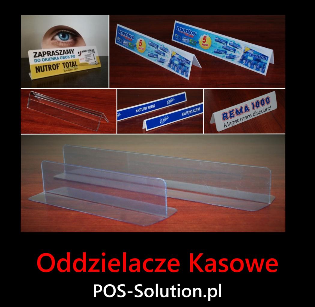 Przykłady separatorów kasowych i tabliczek informacyjnych: przezroczyste przegródki z tworzywa, tabliczki z logo 'Następny Klient', reklama 'Mentos', 'Nutrof Total' i 'Rema 1000', prezentowane...