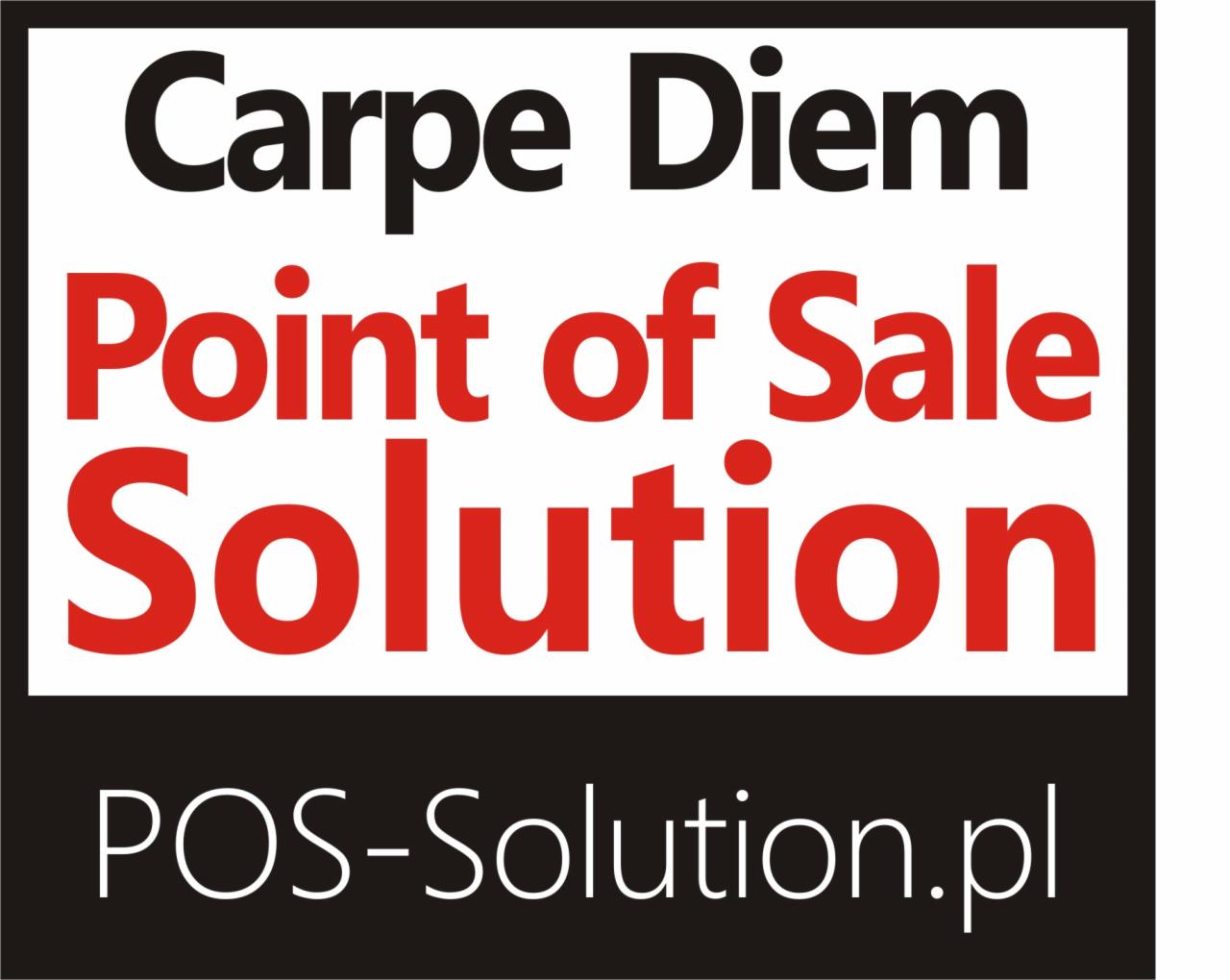 Grafika z napisem 'Carpe Diem Point of Sale Solution POS-Solution.pl' na białym tle z czarnym i czerwonym tekstem, prezentująca logo firmy.