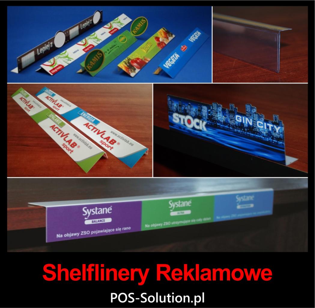 Kompozycja zdjęć przedstawiających różne shelf linery reklamowe z logo marek takich jak Kamis, Vegeta, Activlab, Stock Gin City i Systane, umieszczone na półkach lub prezentowane oddzielnie.
