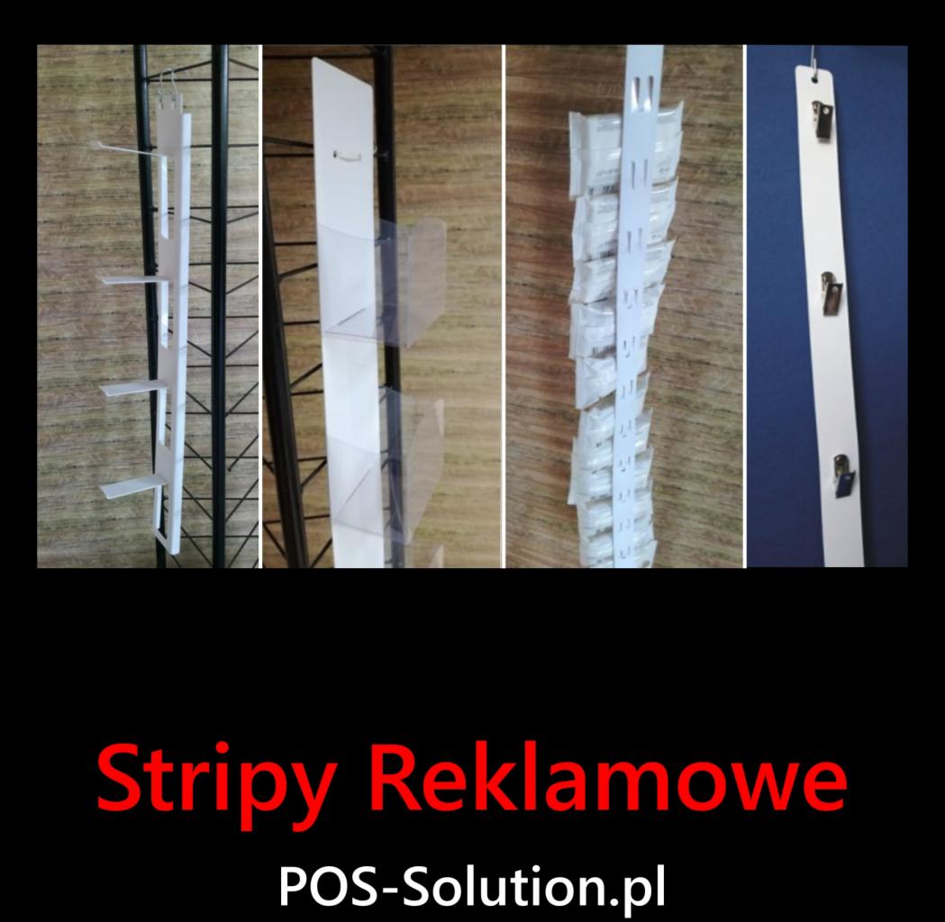 Kompozycja czterech ujęć listew reklamowych: z półkami na metalowym stojaku, z przezroczystymi kieszeniami, z zawieszkami na produkty w foliowych opakowaniach oraz z metalowymi klipsami...